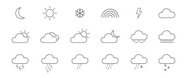 Hava çizgisi simgeleri ayarlandı. Meteoroloji şekillerini özetle. İnce modern hava sembolleri koleksiyonu. Güneş, yağmur, ay, bulut, soğuk, kar, rüzgar, sis şablonları. Vektör illüstrasyonu