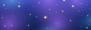 Parlak yıldızlı gece gökyüzü bayrağı. Uzay dokusu. Mavi galaksi geçmişi. Kozmos arka planı. Sihirli ışık deseni. Evren şablonu. Vektör illüstrasyonu