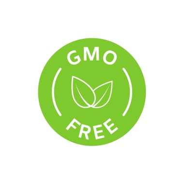 GDO 'suz simge. Sağlıklı organik gıda konsepti. Etiketler, ürün paketleri, gıda sembolleri, amblemler, çıkartmalar için GDO tasarımı öğeleri yok. Sağlıklı, çevreci, vejetaryen, biyolojik etiketli. Vektör illüstrasyonu