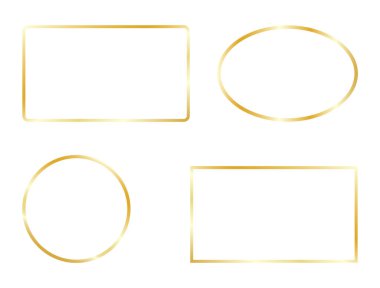 Altın çerçeveler beyaz arka planda. Parlak altın dikdörtgen, kare, daire şeklinde sınır koleksiyonu. Lüks sanat tasarım elementleri. Kutlama kartı. Düğün dekoru. Klasik şablon. Vektör illüstrasyonu