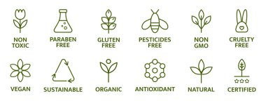 Organik ve doğal kozmetik çizgileri simgeleri. Glüten ve paraben içermeyen kozmetik. Alerjisi olmayan rozetler. Zehirli olmayan logo. Cilt bakımı sembolü. Güzellik ürünü. Eko, vejetaryen etiketi. Hassas bir cilt. Vektör illüstrasyonu