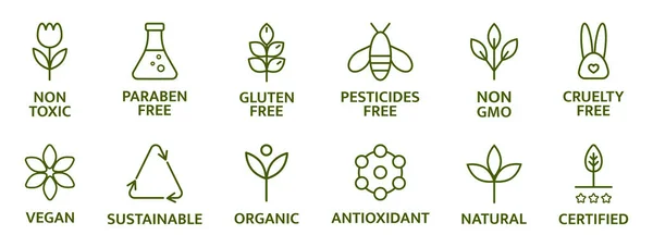 Organik ve doğal kozmetik çizgileri simgeleri. Glüten ve paraben içermeyen kozmetik. Alerjisi olmayan rozetler. Zehirli olmayan logo. Cilt bakımı sembolü. Güzellik ürünü. Eko, vejetaryen etiketi. Hassas bir cilt. Vektör illüstrasyonu