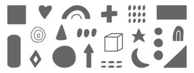 Geometrik şekiller uzun arkaplanda ayarlandı. Soyut grafik tasarım elementleri. Koyu renkli organik şekiller. El çizimi karalama süslemesi. Memphis sanat afişi. Asgari moda dokusu. Vektör illüstrasyonu