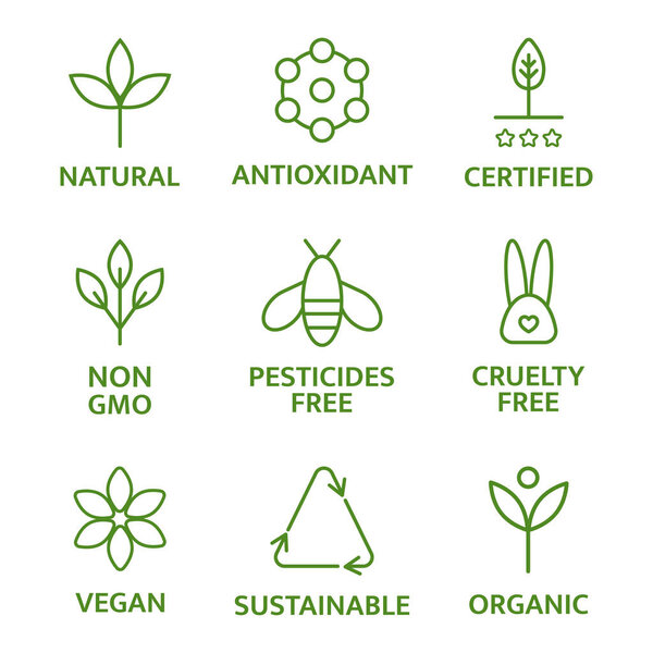 Allergen free badges. Natural and organic cosmetic line icons. Beauty product. Gluten and paraben free cosmetic. Non toxic logo. Skincare symbol. Eco, vegan label. Sensitive skin. Vector illustration