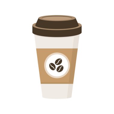 Beyaz arka planda izole edilmiş kahve fincanı. Kahve ikonu. Enerji içeceği. Kahve çekirdeği konsepti. Kapuçino, uzun bardak. Kahvaltılık yemek. Çevrimiçi dağıtım. Plastik konteynır. Vektör illüstrasyonu