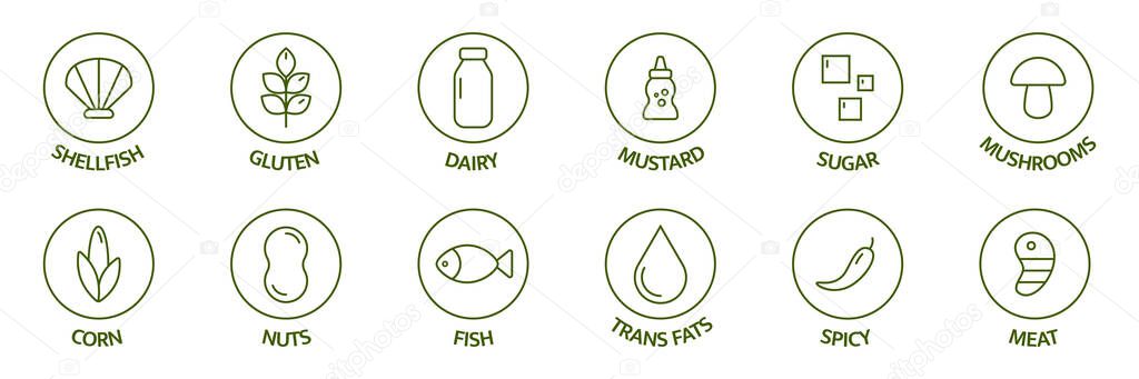 Allergen line icon set. Soybean nut celery, corn, milk, honey spicy, sugar alcohol, gluten mustard, gmo sesame, lactose fish, egg mollusk free. Allergy warning ingredients. Vector illustration.