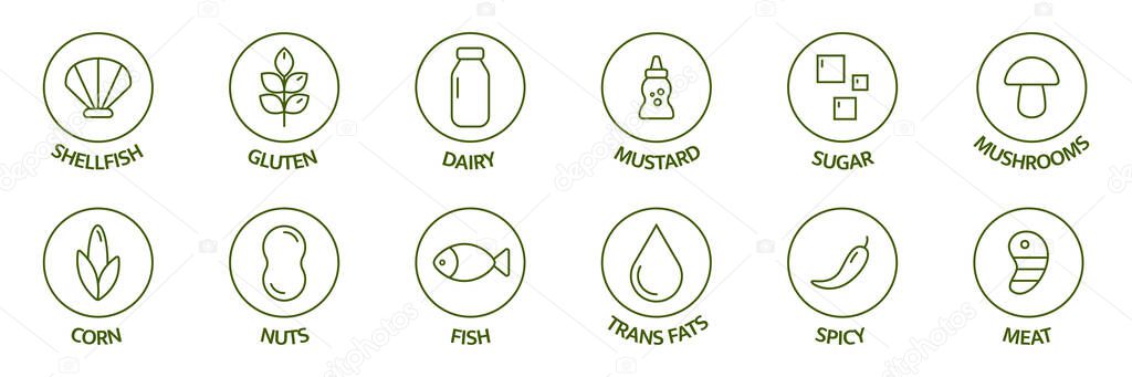 Allergen line icon set. Soybean nut celery, corn, milk, honey spicy, sugar alcohol, gluten mustard, gmo sesame, lactose fish, egg mollusk free. Allergy warning ingredients. Vector illustration