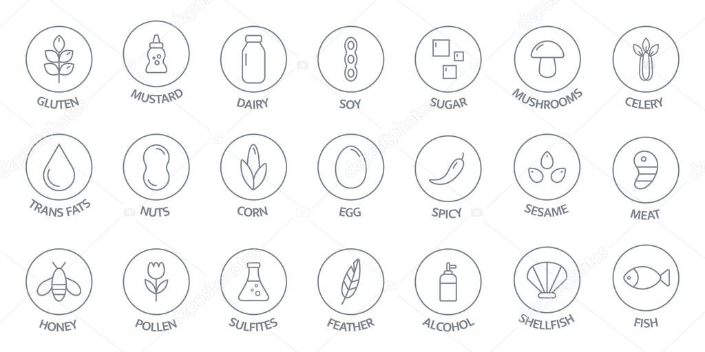 Allergen line icon big set. Nut, corn, milk, honey, gluten mustard, gmo sesame, lactose fish, egg mollusk free. Organic and natural food labels. Allergy warning ingredients. Vector illustration