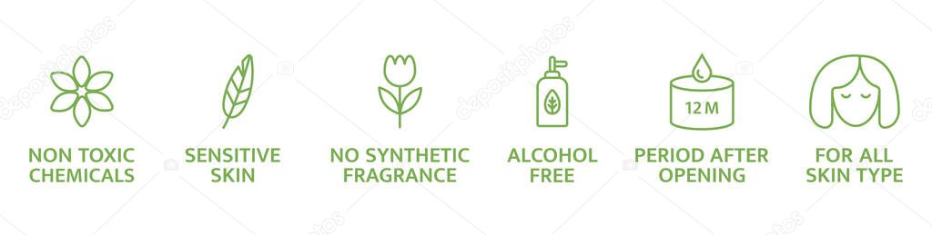Natural and organic cosmetic line icons set. Skincare symbol. Allergen free badges. Beauty product. For sensitive skin. Non toxic logo. Eco, vegan label. Vector illustration