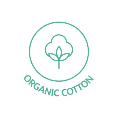 Organik pamuk çizgisi ikonu. Sürdürülebilir bitki damgası. Kumaş rozet. Biyolojik çözünebilir sembol. Yavaş moda. Kalite sertifikası. Doğa çıkartması. Doğal güzellik. Sıfır kayıp. Vektör illüstrasyonu