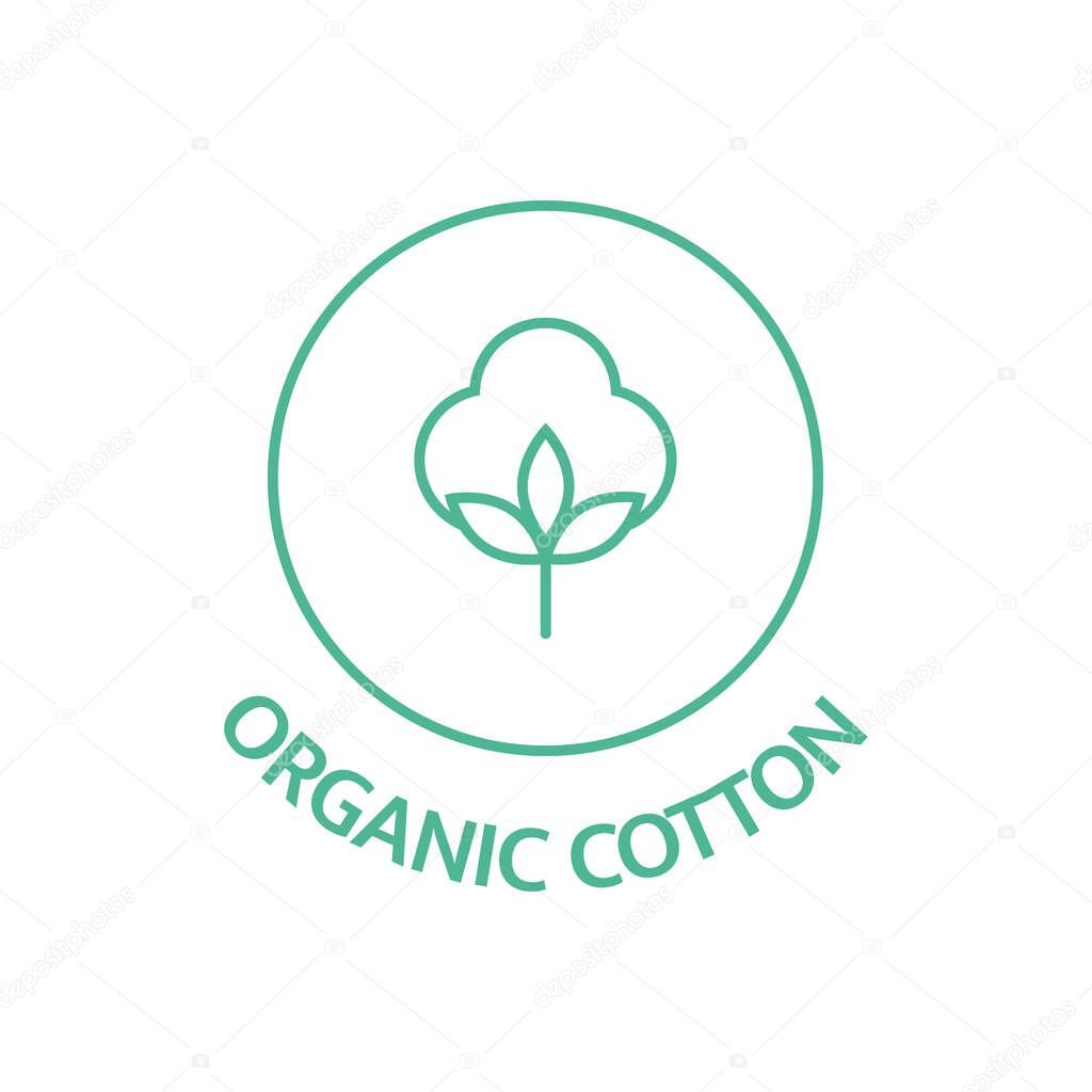 Organic cotton line icon. Sustainable plant stamp. Fabric badge. Biodegradable symbol. Slow fashion. Quality certificate tag. Nature sticker. Natural beauty. Zero waste. Vector illustration.