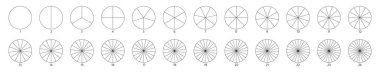 Parça dilimi işareti. Grafik çizelgesini çember yapın. Pasta çizelgesi simgesi. 2,3,4,5,6 segment bilgi. Tekerlek yuvarlak diyagram kısmı. Beş aşama, altı dairesel döngü. Geometrik element. Vektör illüstrasyonu