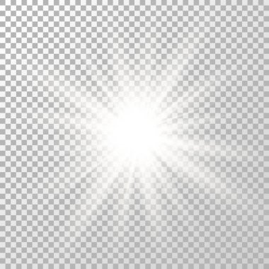 Parlak ışık efekti. Parlak ışık tasarımı. Yıldız patlaması. Parlak beyaz bir parlama. Işıldayan güneş ışığı. Sihirli bulanık ışın. Parti tasarım unsuru. Güneş ışığı şablonu. Spotlight konsepti. Patlama oldu. Vektör illüstrasyonu