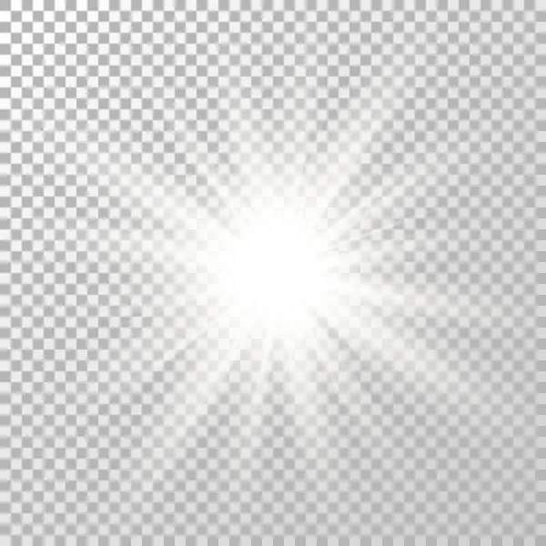 Parlak ışık efekti. Parlak ışık tasarımı. Yıldız patlaması. Parlak beyaz bir parlama. Işıldayan güneş ışığı. Sihirli bulanık ışın. Parti tasarım unsuru. Güneş ışığı şablonu. Spotlight konsepti. Patlama oldu. Vektör illüstrasyonu — Stok Vektör