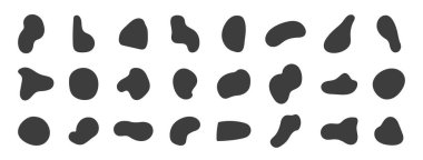 Organik şekiller ayarlandı. Modern asgari boya. Düzensiz kütle. Sanat tasarımı öğesi. Rastgele oval, yuvarlak leke. Siyah sıvı siluet. Pürüzsüz. Basit bir leke. Vektör illüstrasyonu