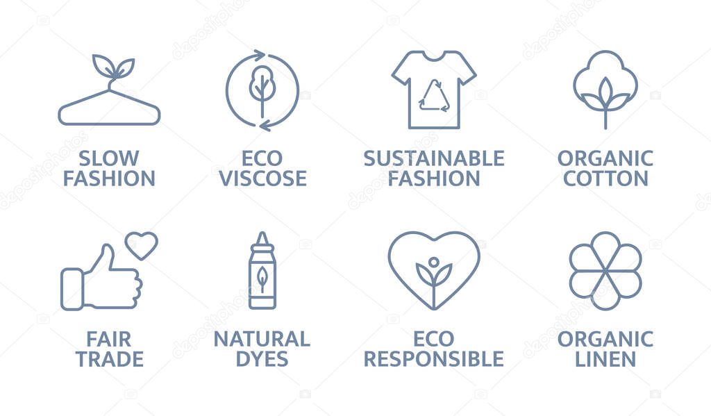 Sustainable clothes line icon set. Slow fashion logo. Eco viscose product badge. Organic cotton, natural dyes, renewable crops label. Fair trade. Conscious development. Vector illustration