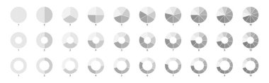 Parça dilimi işareti. Turta grafiği gri simgeleri. 10,2,4,5 segment bilgi. Tekerlek yuvarlak diyagram parçası sembolü. Çember bölüm grafiği. Üç aşama, altı dairesel döngü. Geometrik element. Vektör illüstrasyonu