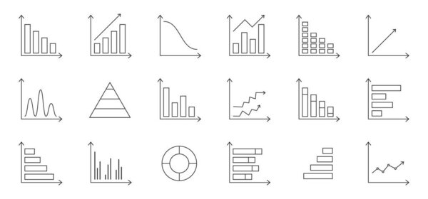 Graph chart line icons set. Business data statistic. Infographic template. Annual report presentation. Financial bar sign. Pie chart diagram. Finance progress plan. Web interface. Vector illustration