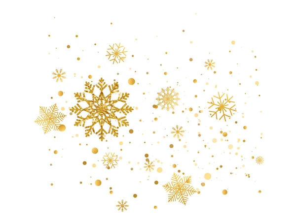 Copos de nieve composición dorada. Banner de celebración de oro de Navidad. Nieve caída frontera. Diseño de invierno. Feliz Año Nuevo. Fondo de vacaciones. Saludo de temporada. Tarjeta de lujo Glitter. Ilustración vectorial — Vector de stock