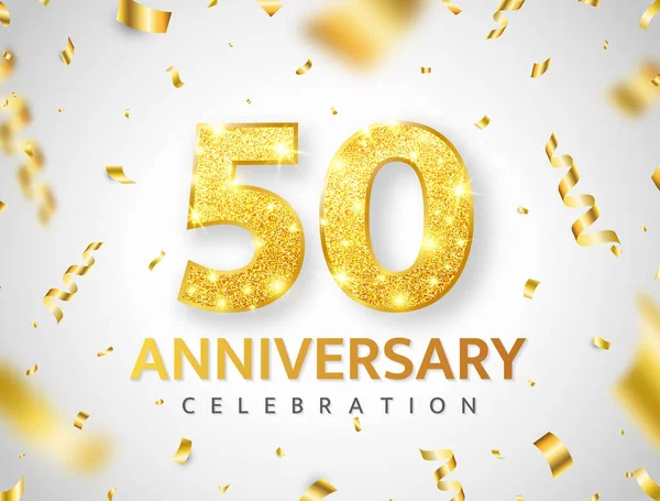 Aniversário cartão de 50 anos. Aniversário brilho decoração número. Banner de fita de confete dourado. Fundo de ouro de luxo. Cartaz de celebração. Folheto do convite. Elemento de design premium. Ilustração vetorial —  Vetores de Stock