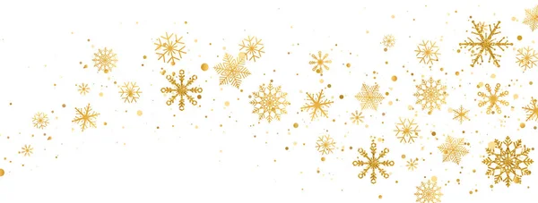 Copos de nieve composición de onda dorada. Caída de nieve. Banner largo de celebración de oro de Navidad. Diseño de invierno. Feliz Año Nuevo. Fondo de vacaciones. Saludo de temporada. Tarjeta de lujo Glitter. Ilustración vectorial — Vector de stock