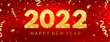 2022 Mutlu Yıllar, kırmızı kartı altın konfetiyle selamlıyorum. Lüks parti şablonu. Altın kutlama tasarımı. Mesajlı ve ışıklandırmalı Noel posteri. Vektör illüstrasyonu