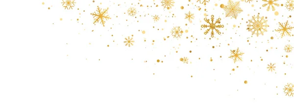 Goldene Schneeflocken auf langem Banner. Weihnachts-Goldfeier Zusammensetzung. Schneefall. Winter design. Glückliches neues Jahr. Feiertags-Hintergrund. Saisongruß. Glitzernde Luxuskarte. Vektorillustration — Stockvektor