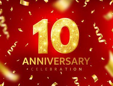 10. yıl dönümü kartı. Altın konfeti kurdelesi kırmızı bayrak. Lüks altın arka plan. Doğum günü simleri dekorasyonu. Kutlama posteri. Davetiye broşürü. En iyi tasarım elementi. Vektör illüstrasyonu