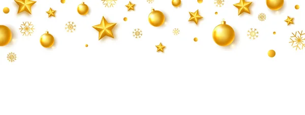 Tarjeta de felicitación de Navidad con brillante bola de oro realista, estrellas y copo de nieve. Frontera de celebración. Fondo de vacaciones de lujo. Elegante marco de Año Nuevo. Juguetes realistas de Navidad de vidrio dorado. Ilustración vectorial — Vector de stock