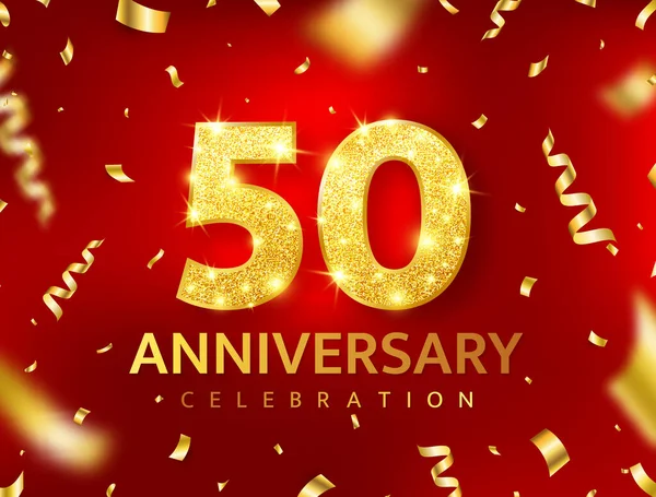 Aniversário 50 anos cartão vermelho. Aniversário brilho decoração número. Cartaz de celebração. Banner de fita de confete dourado. Fundo de ouro de luxo. Folheto do convite. Elemento de design premium. Ilustração vetorial —  Vetores de Stock