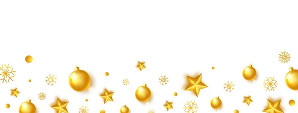 Tarjeta de felicitación de Navidad con brillante bola de oro realista, estrellas y copo de nieve. Elegante marco de Año Nuevo. Frontera de celebración. Fondo de vacaciones de lujo. Juguetes realistas de Navidad de vidrio dorado. Ilustración vectorial — Vector de stock