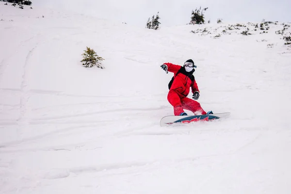 Cara de macacão vermelho brilhante monta freeride em um snowboard — Fotografia de Stock