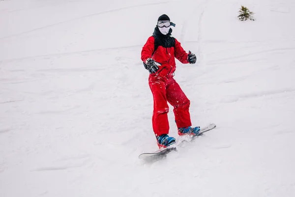 Cara de macacão vermelho brilhante monta freeride em um snowboard — Fotografia de Stock