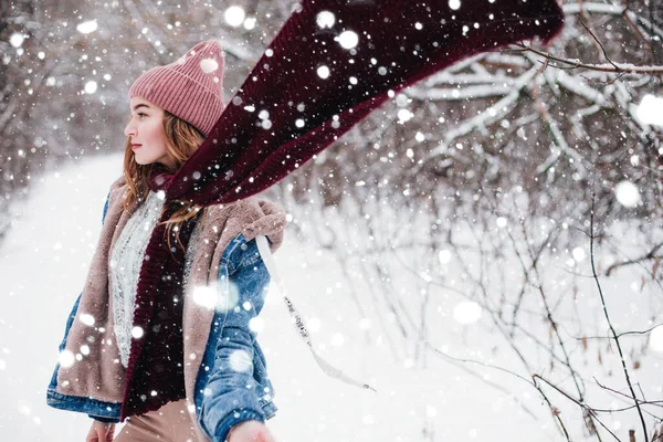 3.在雪地里，一个年轻美丽的女孩站在公园里，她的围巾还在飘扬着 — 图库照片