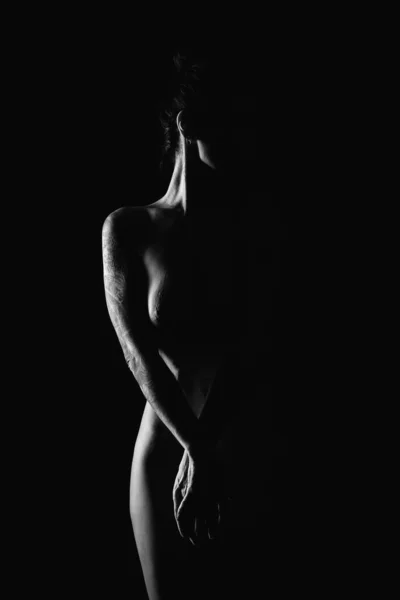 Silhouette of a young, slender, on a black background in a photo studio — 스톡 사진