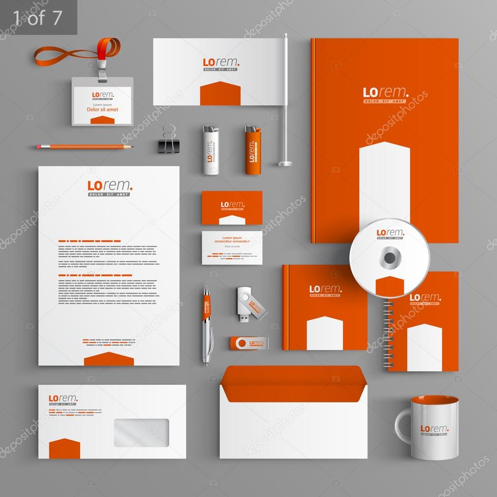 Corporate identity. Editable corporate identity template. Orange stationery template design with white arrow. Documentation for business.
