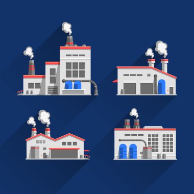 Endüstriyel binalar, üzerinde mavi arka plan izole fabrikaları Icons set