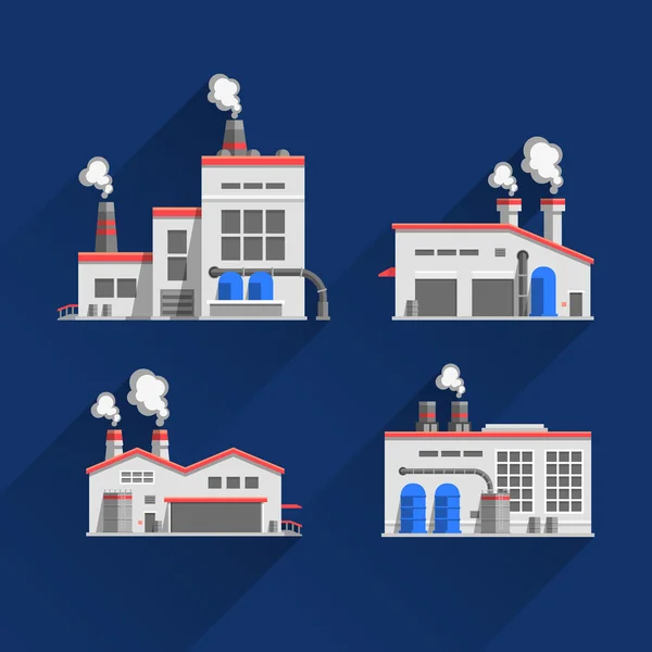 Nastavení ikon průmyslových budov a továren na modrém pozadí, samostatný — Stockový vektor