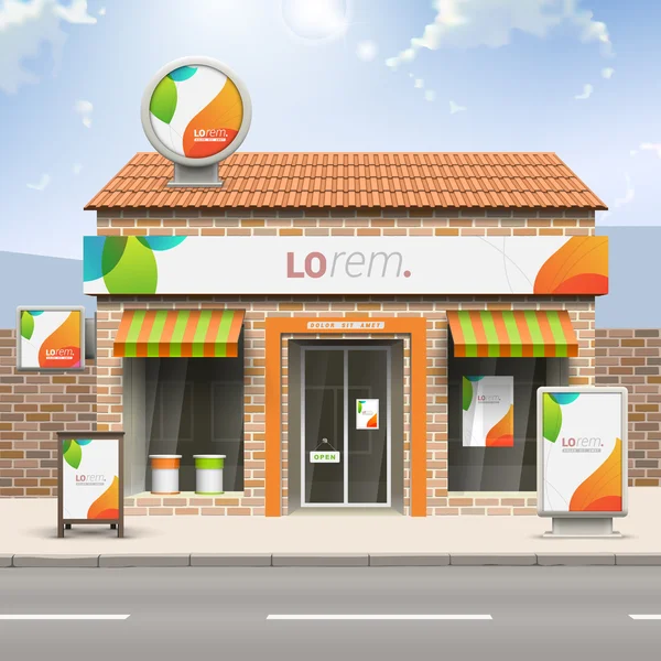 Tienda con elementos de publicidad exterior — Vector de stock