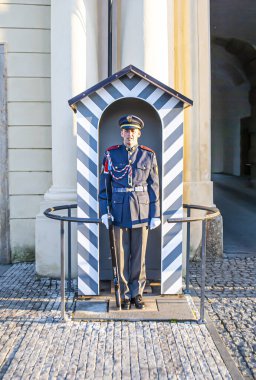 Prag, Çek Cumhuriyeti, 22 Mart 2019: Çek Cumhuriyeti Prag Şatosu girişindeki nöbetçi