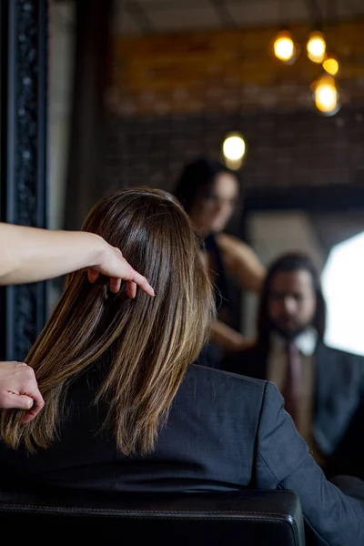 Close Beautiful Mans Long Curls Hair Hairstyist Combing Drying Hair — стоковое фото