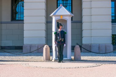 Oslo, Norveç - 21 Eylül 2019 Norveç Kraliyet Muhafızları Norveç 'in başkenti Oslo' daki Kraliyet Sarayı yakınlarında oruç tuttular.. 