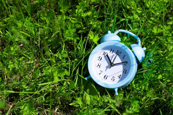 Metafora Della Stagione Estiva Veniing Alarm Orologio Sdraiato Sfondo Verde — Foto Stock