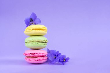 Kırılgan mor çiçeklerle süslenmiş üç renkli Fransız badem kurabiyesi grubu..