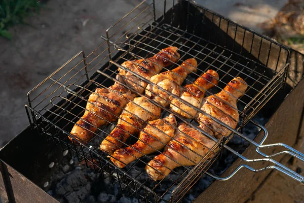 Carne Pollo Parrilla Patas Pollo Rejilla Cocinar Aire Libre Como —  Fotos de Stock