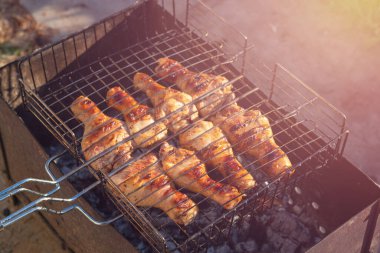 Izgara tavuk eti, ızgarada tavuk bacağı parlak güneş ışığı, piknik 