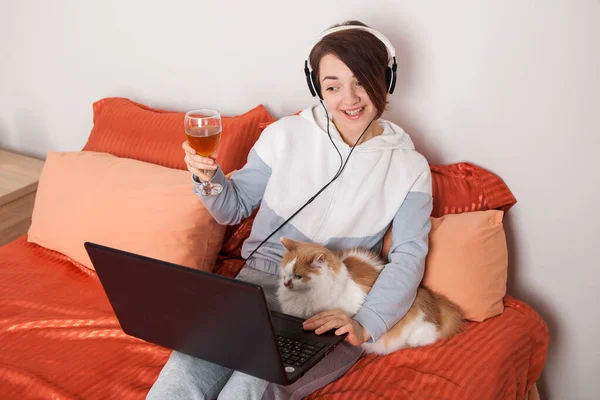 a girl with a glass of wine communicates online with friends and relatives. A woman with a laptop on the bed and a cat communicates by video link