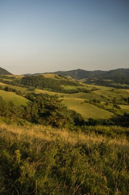 Uzak Tatra manzaralı Pieniny dağlarının yaz manzaraları, altın saat yürüyüş manzarası
