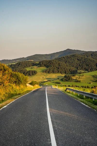 Yeşil dağ manzarası boyunca uzanan boş yol