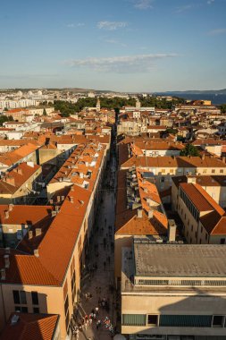 Çan kulesinden Zadar 'ın kırmızı kiremitli çatıları ve Adriyatik Denizi' ni gören yüksek perspektifli panoramik manzarası. Tarihi mimarisi ve kıyı ufkuyla seyahat yeri şehir manzarası.